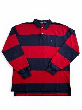 Polo by Ralph Lauren Red and Blue Rugby Long Sleeve Y2K Mens Shirt XXL